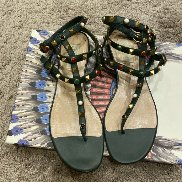 Valentino rockstuds forest green leather gladiator sandals flats shoes - Picture 4 of 6